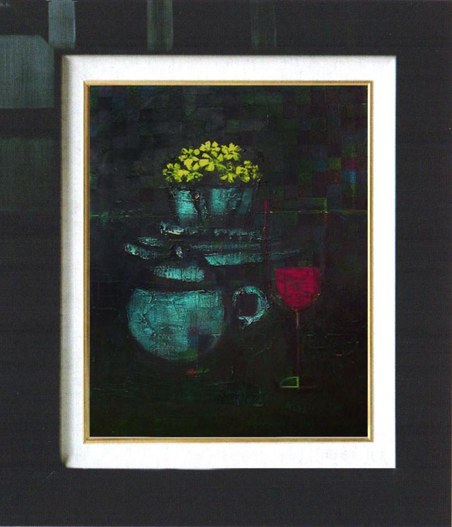 油絵 菅家令子絵 絵画インテリア額付(青緑＋金色の枠)uF6-063404静物花