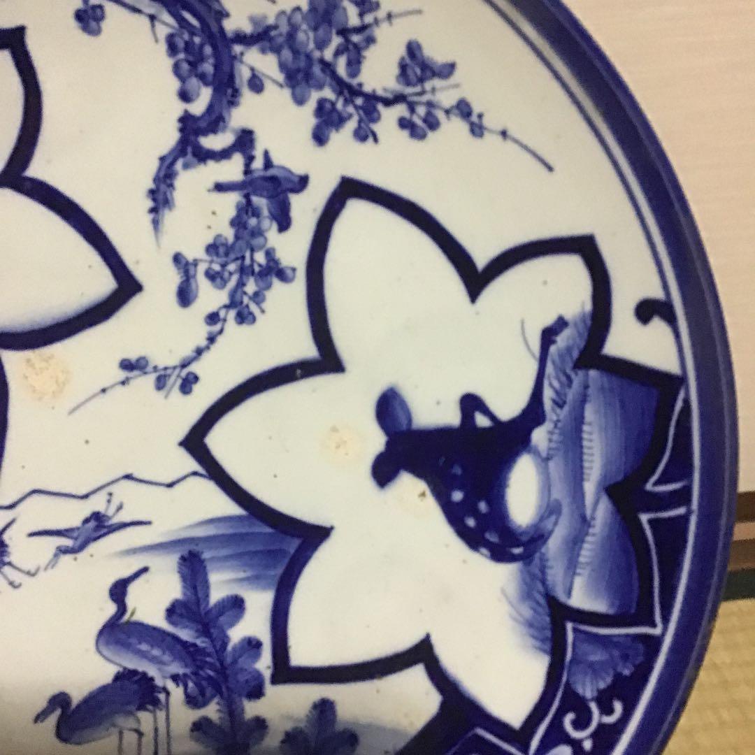 古伊万里染付扇面鹿に鶴の図大皿