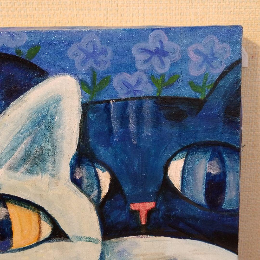 油絵　専用　三代そろった猫と青い花