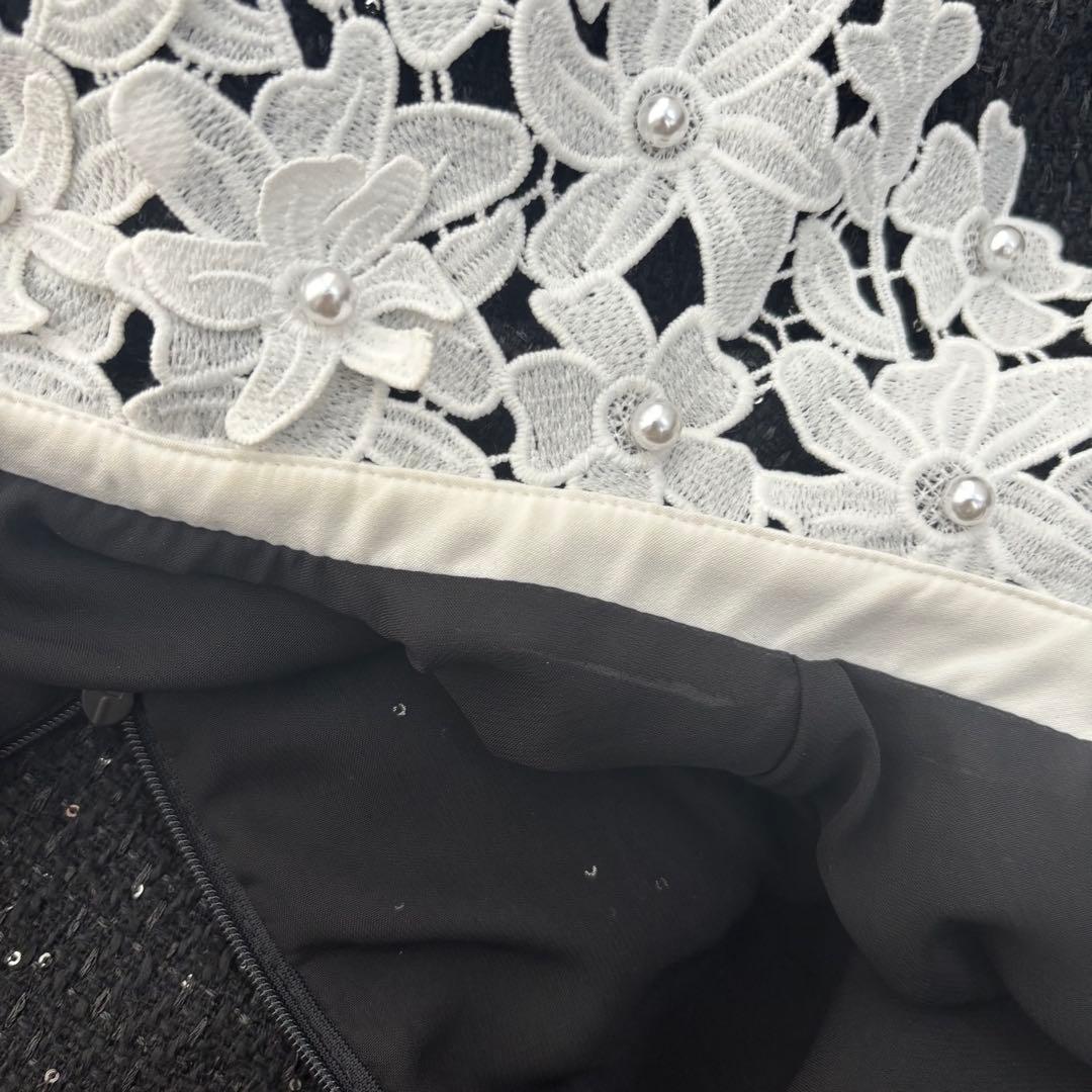 【LEJA】S 花柄スパンコールフレアドレスワンピース　ブラック