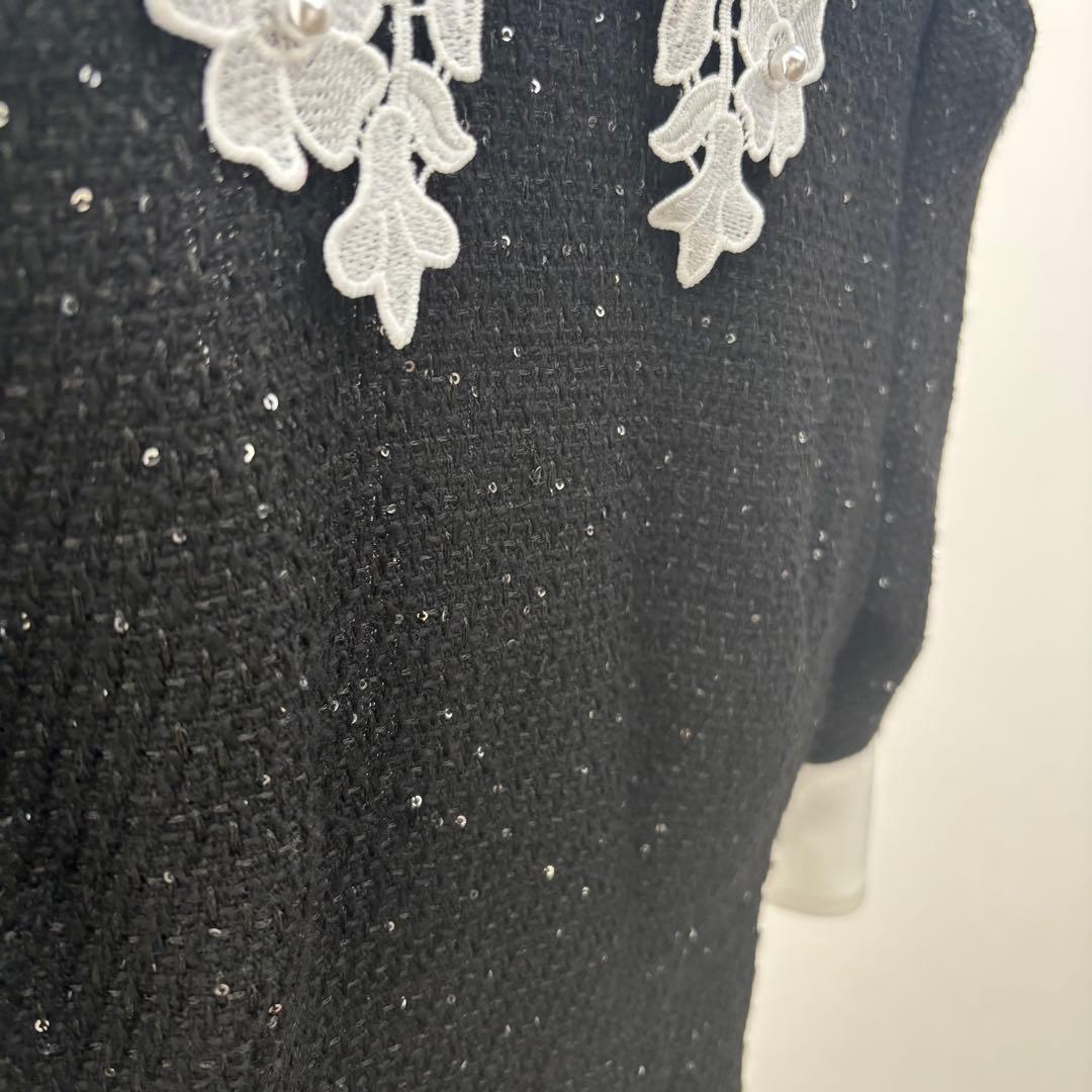 【LEJA】S 花柄スパンコールフレアドレスワンピース　ブラック