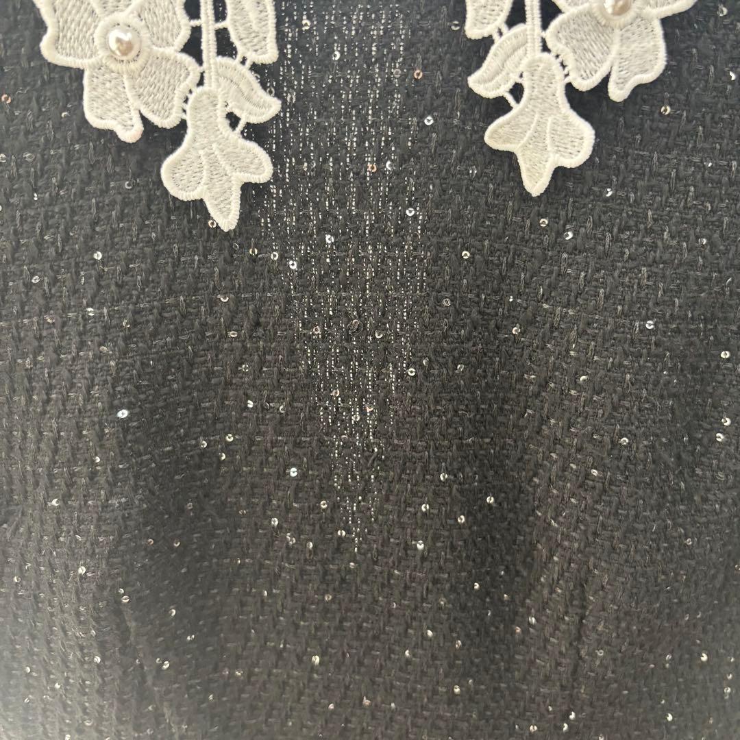 【LEJA】S 花柄スパンコールフレアドレスワンピース　ブラック