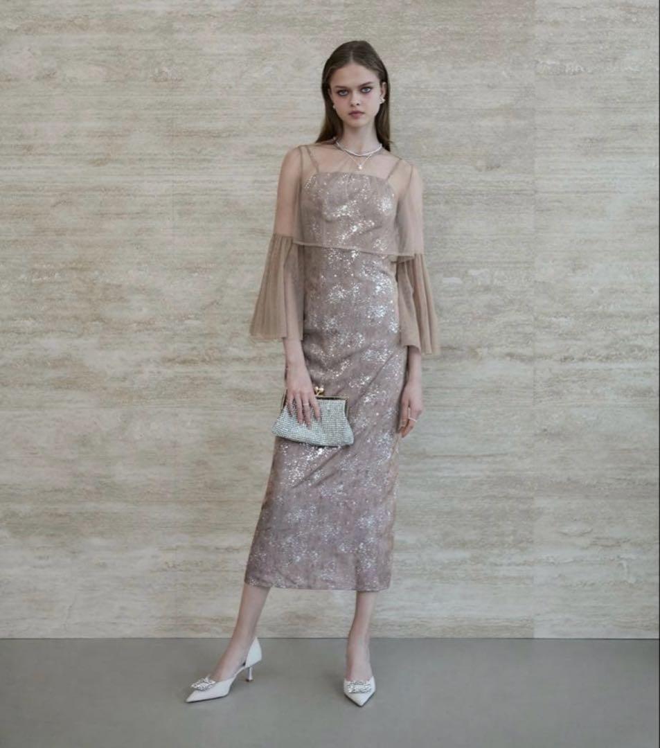 【タグ付き・Leja】シアーチュールベルスリーブペイントIラインワンピースドレス