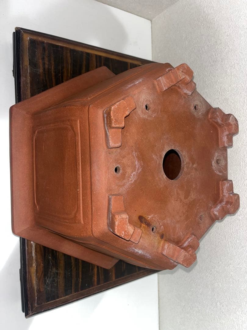 希少！！大型　朱泥六角切脚額入懸崖鉢　ラン鉢　正方　盆栽鉢