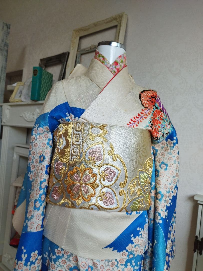 白金に華紋のだらりの帯☆作り帯