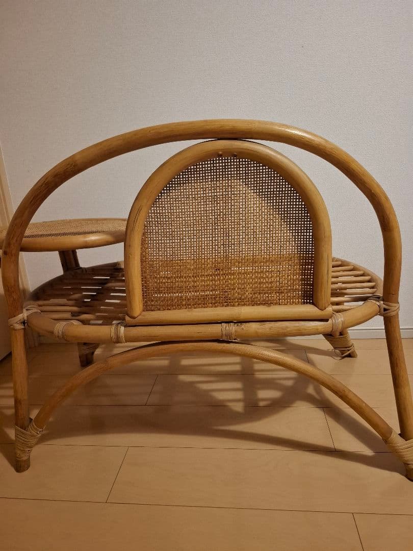 サイドテーブル付きラタンベンチ アンティーク テレフォンベンチ