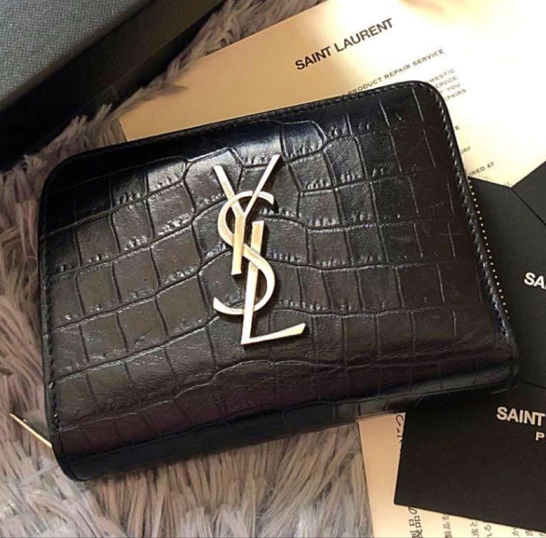 SAINT LAURENT ブラック 二つ折り財布 クロコダイル