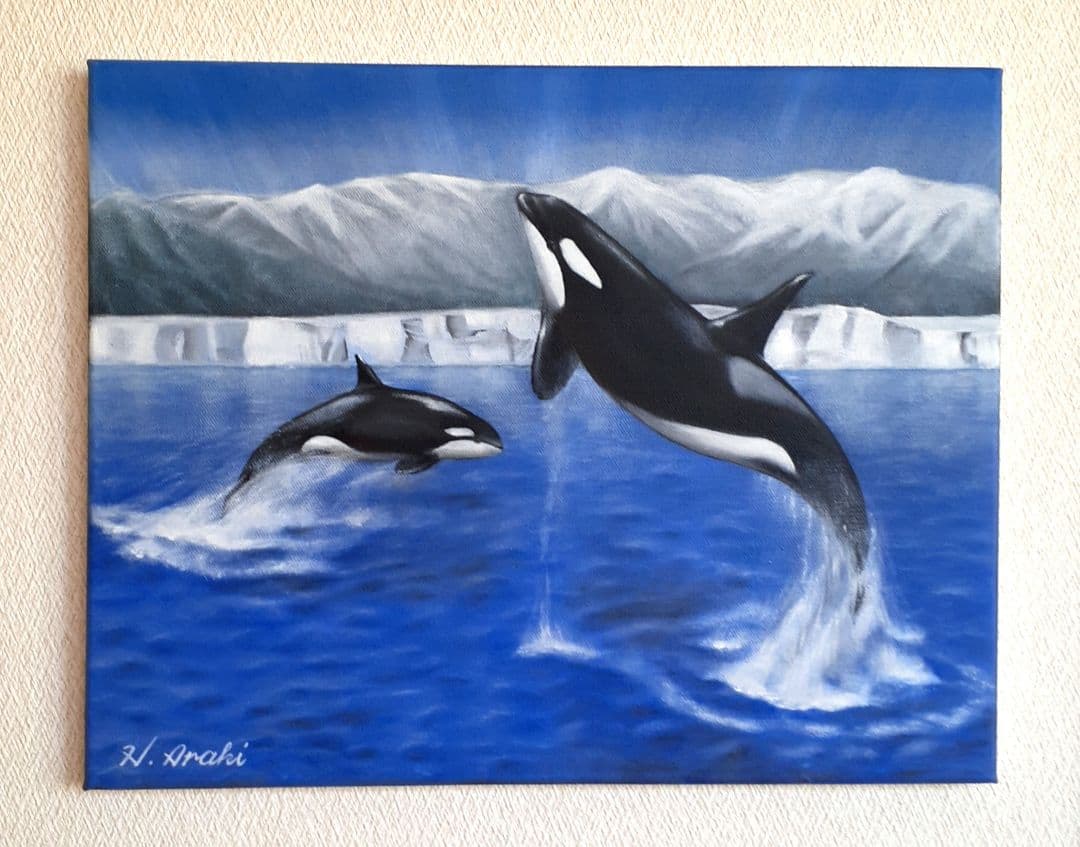 油絵　額縁入り「　シャチ　」　サイズF6