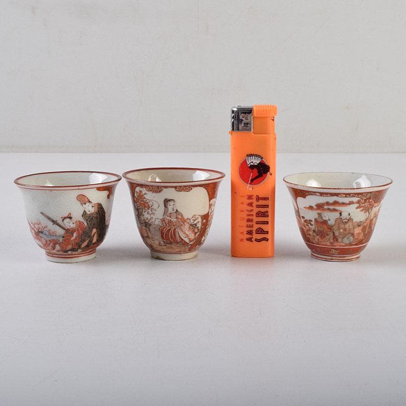 九谷焼　古九谷　赤絵金彩　煎茶碗　3種十四客まとめて　時代箱付　D　R9502