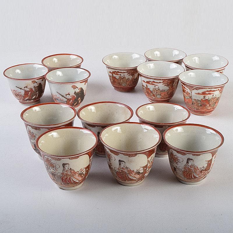 九谷焼　古九谷　赤絵金彩　煎茶碗　3種十四客まとめて　時代箱付　D　R9502