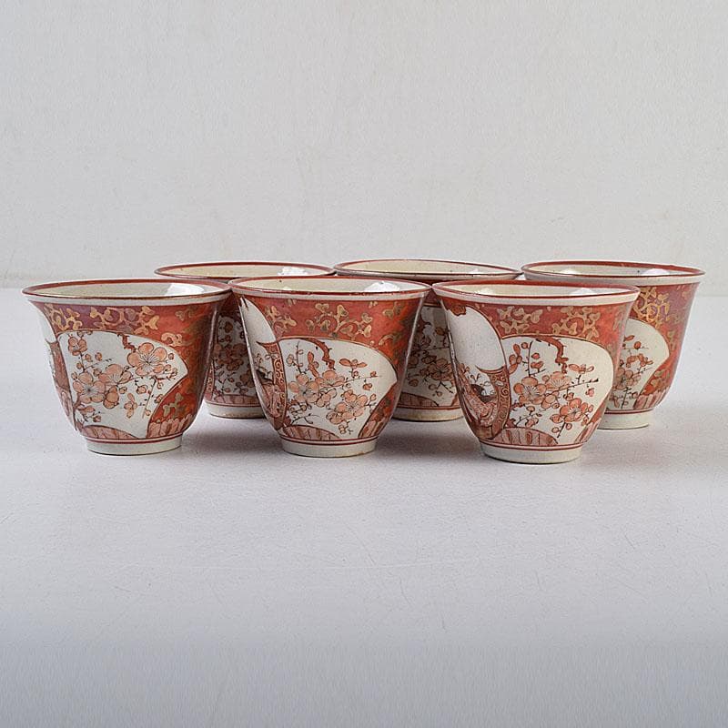 九谷焼　古九谷　赤絵金彩　煎茶碗　3種十四客まとめて　時代箱付　D　R9502