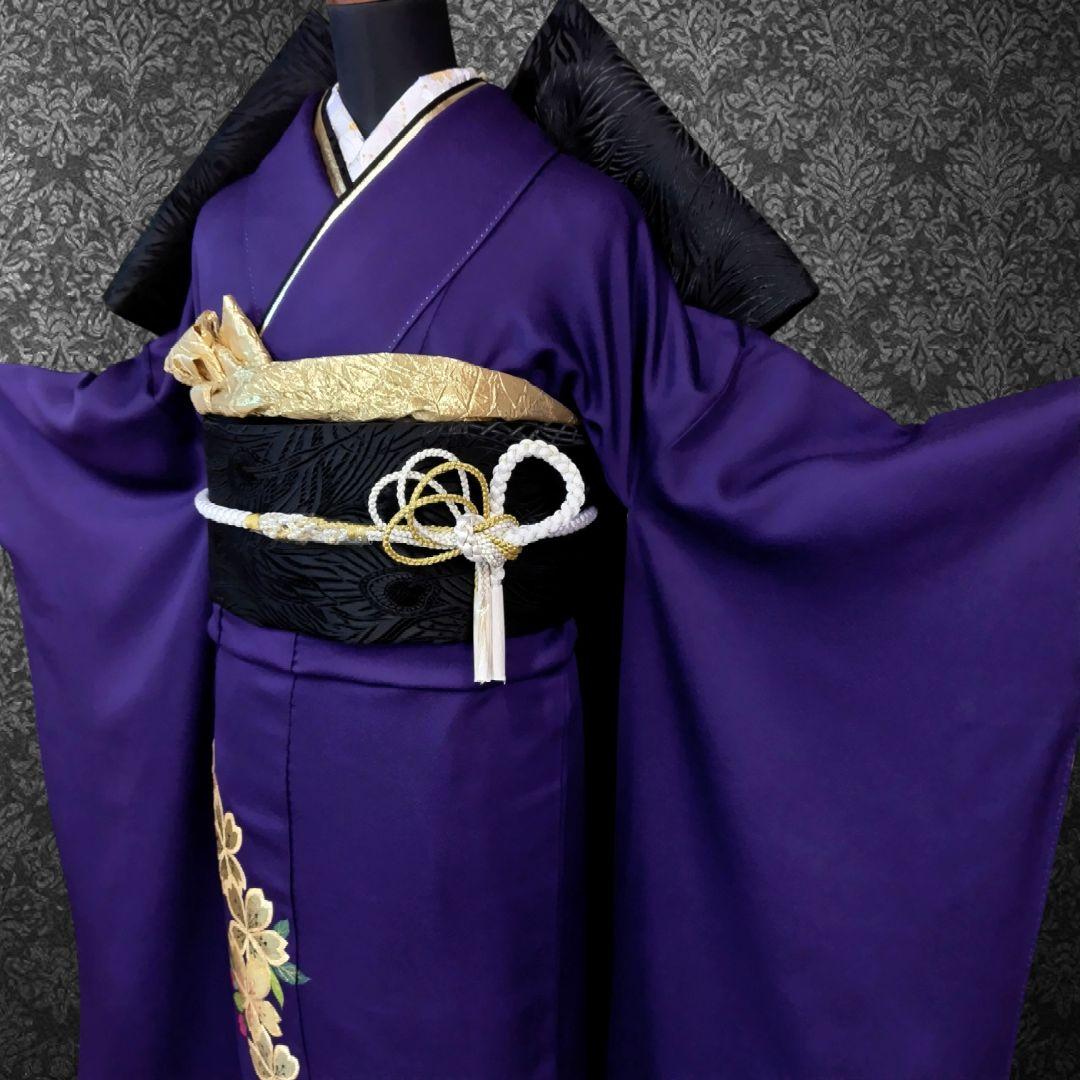 振袖フルセット(7点)・成人式・色無地振袖・高級縮緬・金刺繍・金彩加工・モダン