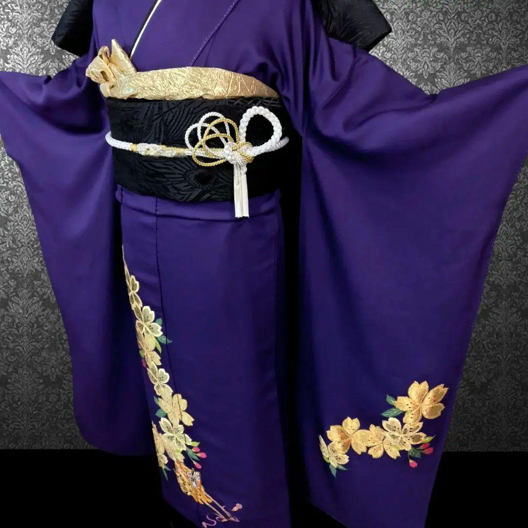 振袖フルセット(7点)・成人式・色無地振袖・高級縮緬・金刺繍・金彩加工・モダン