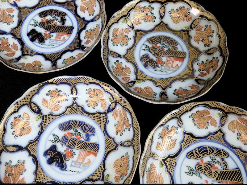 古伊万里　金襴手　陽刻　窓絵　花の図　４寸皿　４枚　E111AS-fblc