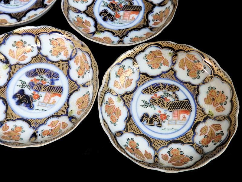 古伊万里　金襴手　陽刻　窓絵　花の図　４寸皿　４枚　E111AS-fblc