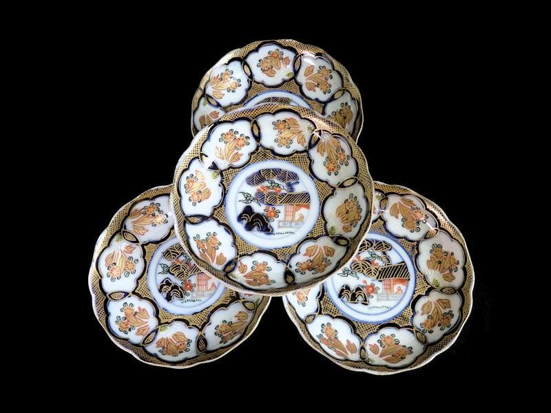 古伊万里　金襴手　陽刻　窓絵　花の図　４寸皿　４枚　E111AS-fblc