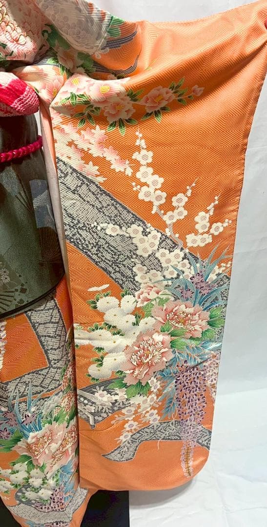 【美品】振袖フルセット成人式6点セット　オレンジ/緑/黒/ピンク/花柄/絞り柄