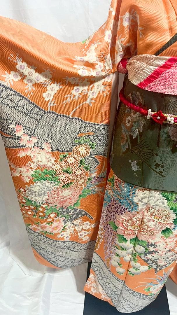 【美品】振袖フルセット成人式6点セット　オレンジ/緑/黒/ピンク/花柄/絞り柄