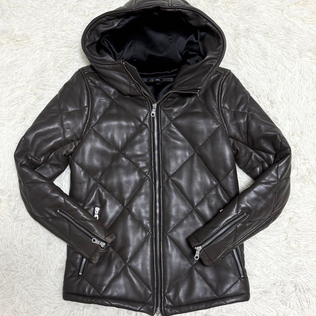 【良品】NO ID. ラムレザージャケット 羊革 キルティング フード ブラウン