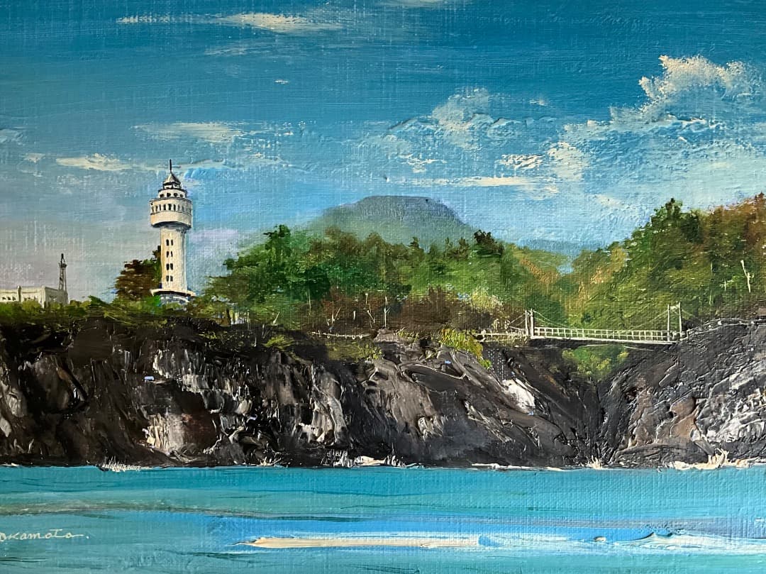 油彩原画　岡本利一作　伊豆城ヶ崎海景　M8号キャンバス＋オーダーフレーム　額装品