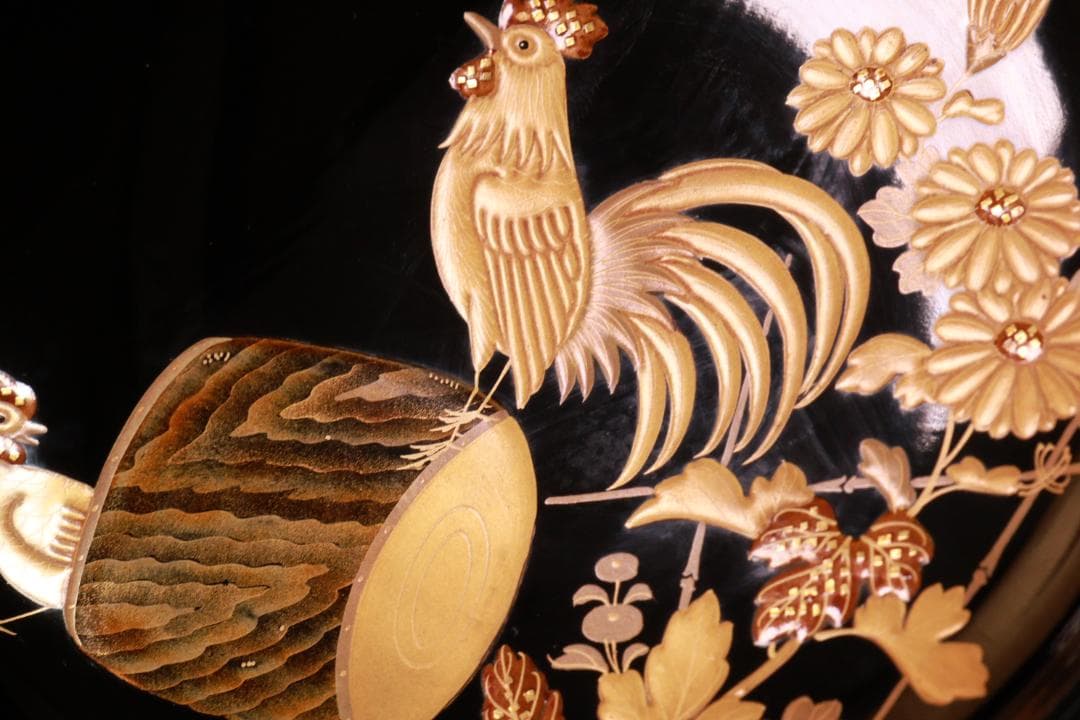 BJ131　時代輪島　加賀蒔絵　鶏図　吸物椀　五客　木製　茶道具 懐石 会席