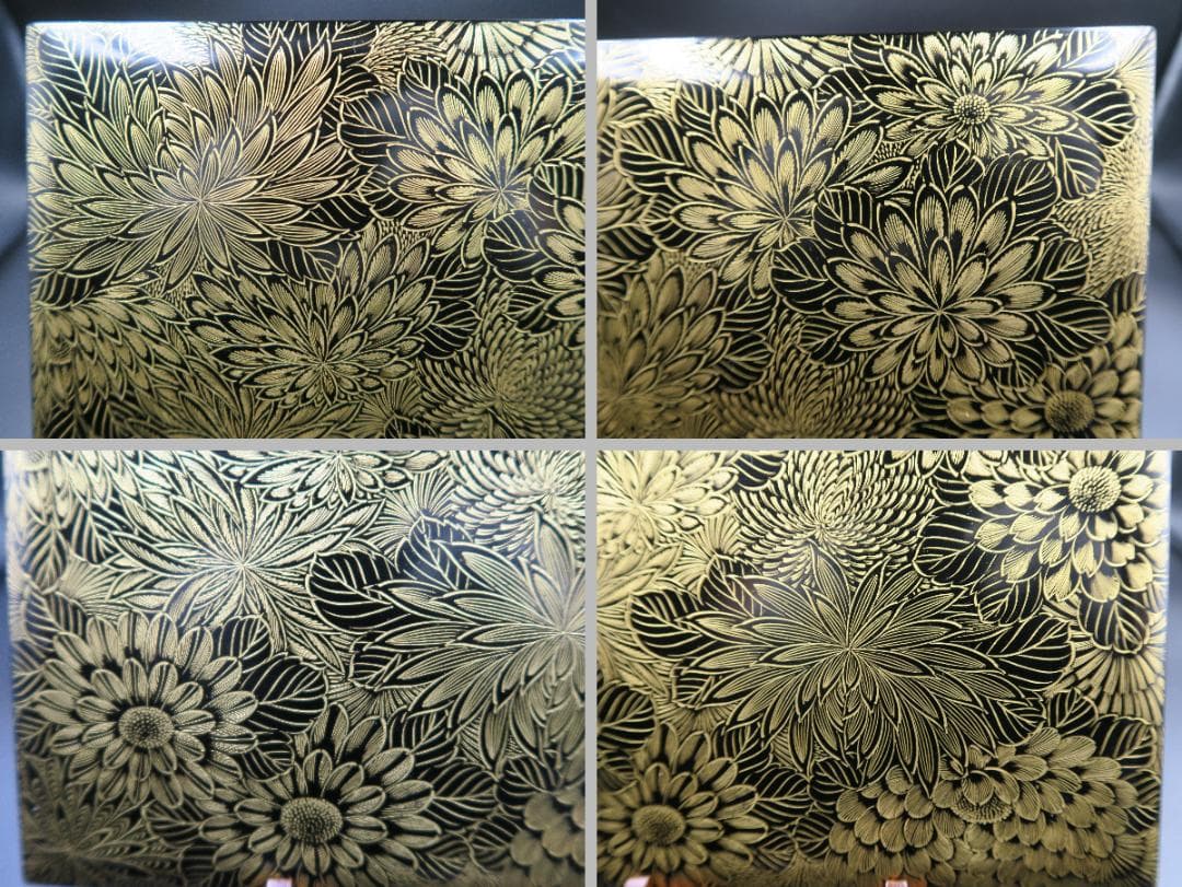 【輪島塗】極上総菊詰沈金 五段重箱 金縁 黒内朱塗 蓋二枚 蓋横菊彫 天然木