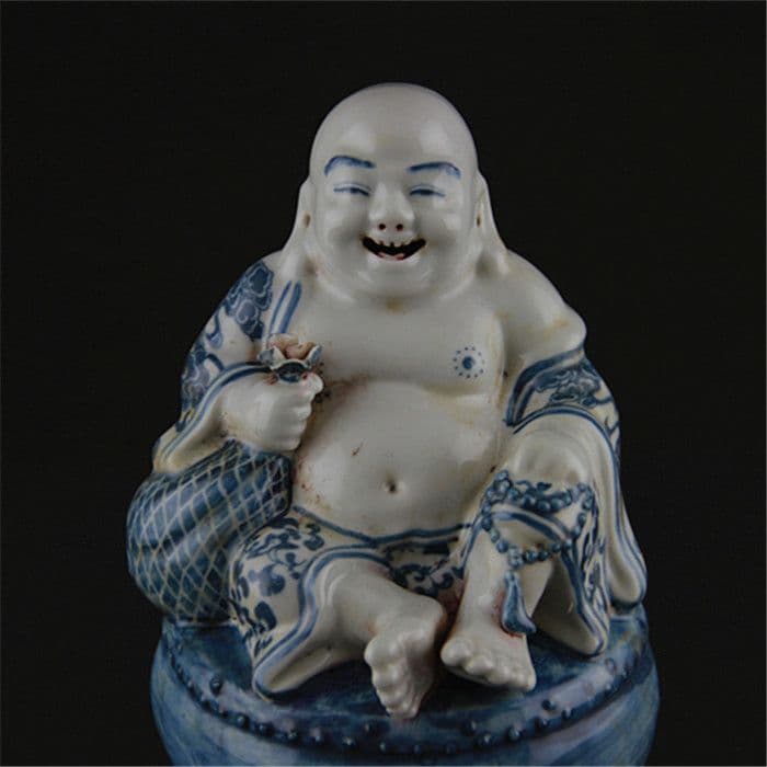 中国美術 青花坐鼓布袋羅漢仏像 陶磁器 装飾品 工芸品 置物