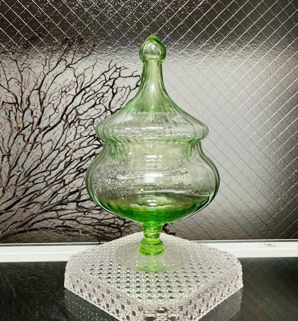 骨董　時代ガラス　ライムグリーン　ボンボニエール 菓子器　キャニスター