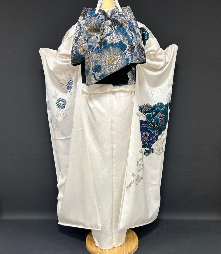 8/17迄　白地のクールな青緑色の梅の振袖フルセット