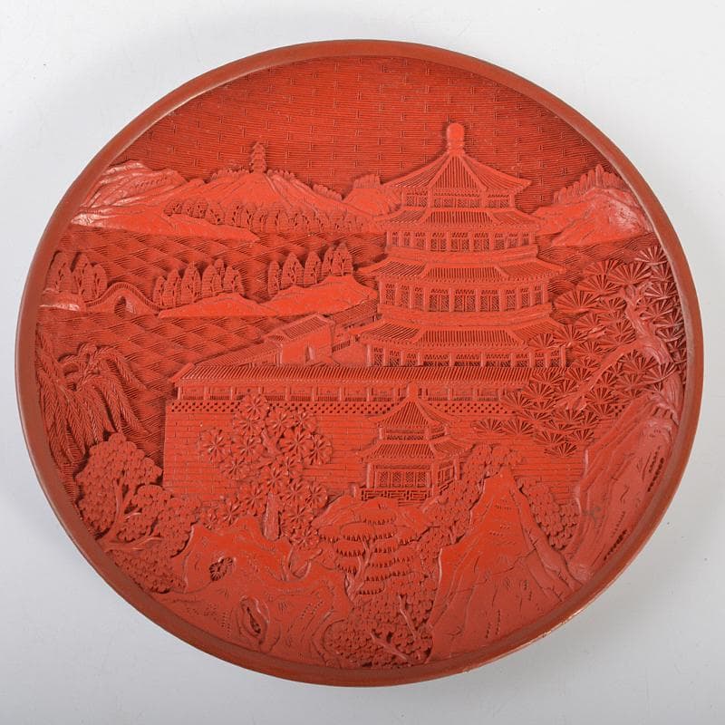 中国　剔紅　堆朱　山水楼閣文盤　飾皿　U　R6720