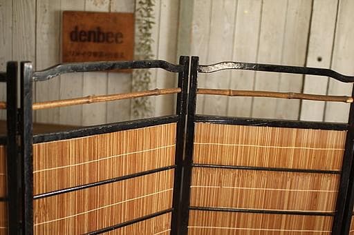 古い竹簾屏風　衝立　目隠し 四つ折り　透かし彫り　古民家　古道具
