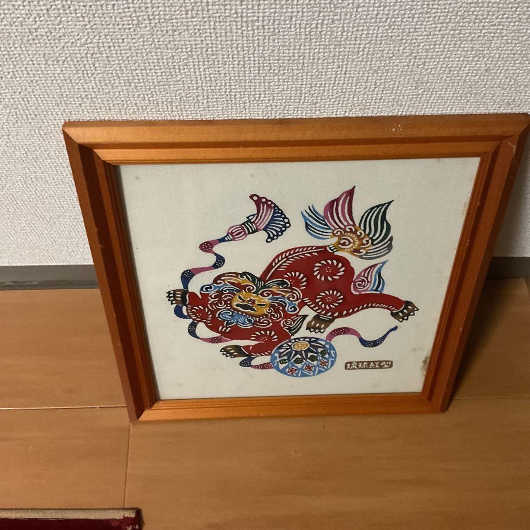 琉球紅型【リュウキュウビンガタ】 布地染め 木枠額装仕立て 前面ガラス仕様