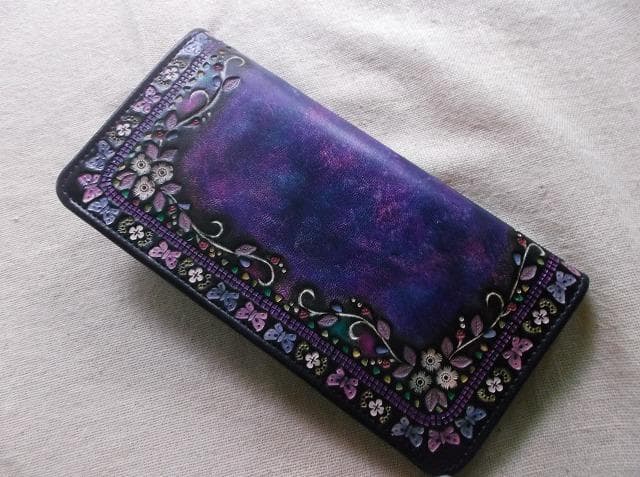 刻印＆拭き染めのロングウォレット　花柄