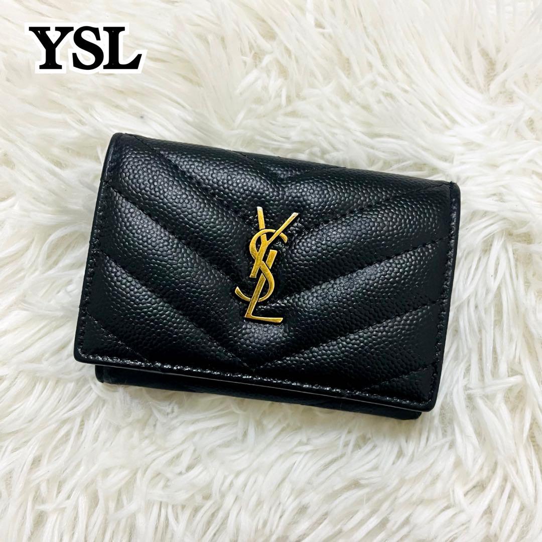 極美✨サンローラン 三つ折り財布 Vステッチ カサンドラ レザー 黒 オリガミ