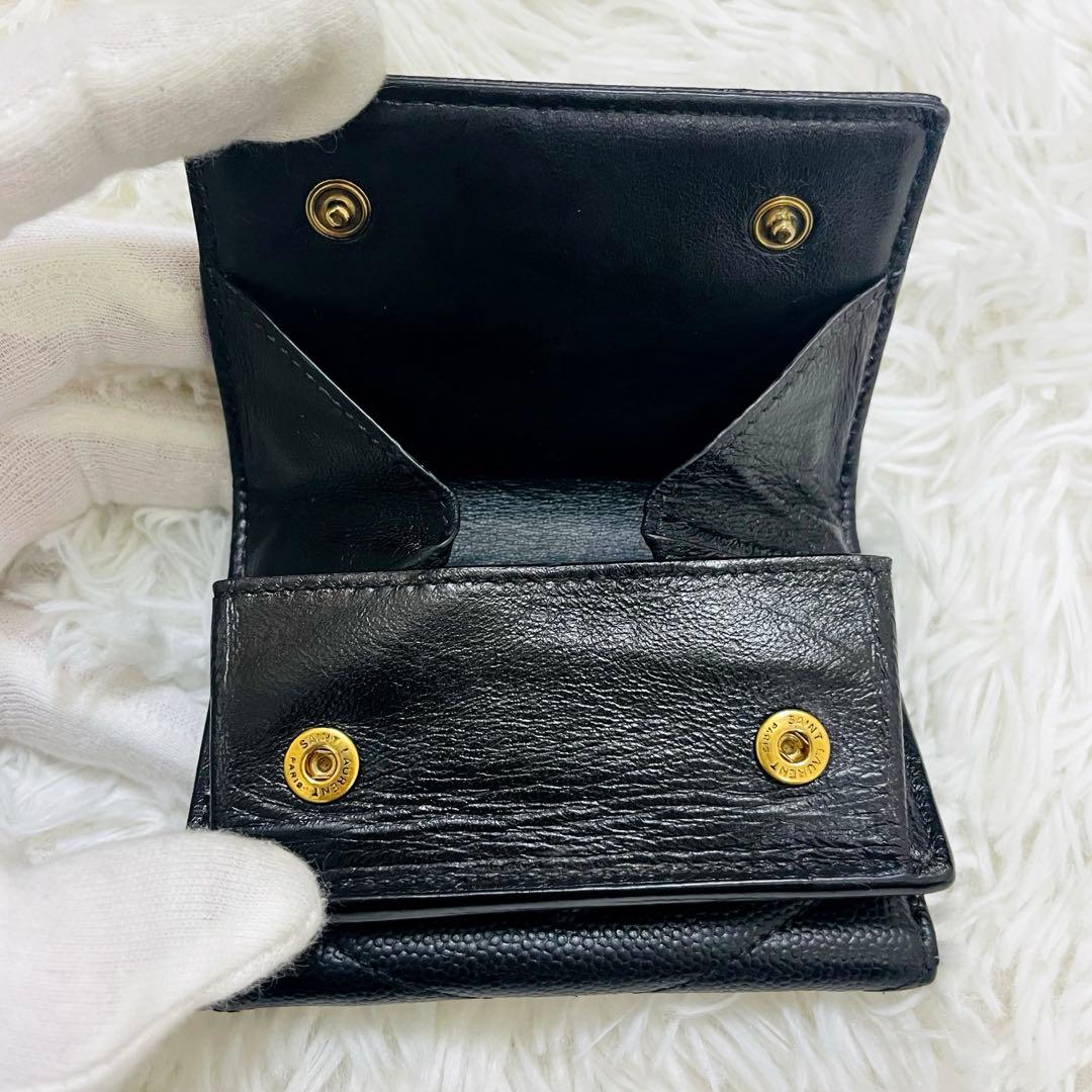 極美✨サンローラン 三つ折り財布 Vステッチ カサンドラ レザー 黒 オリガミ