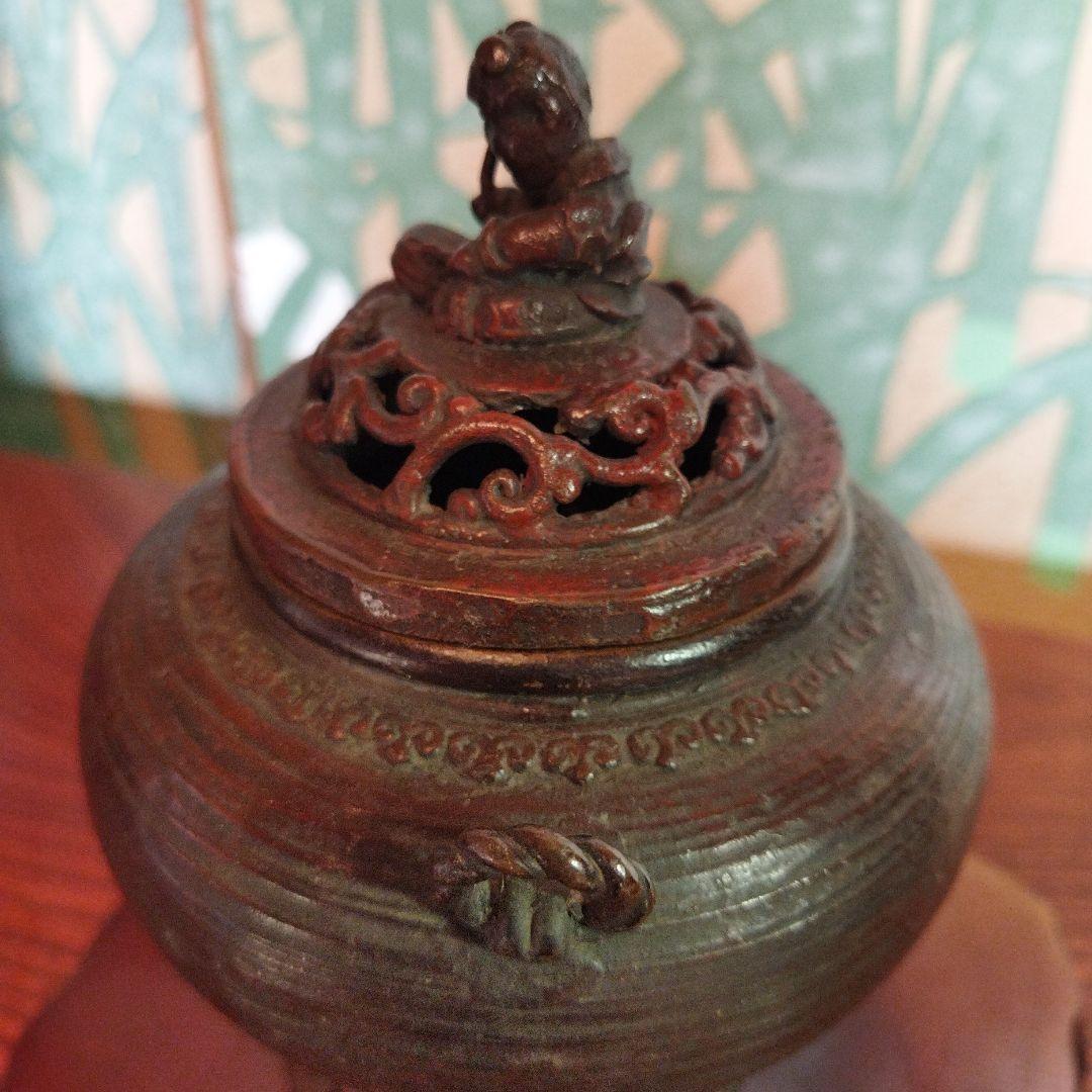 骨董　銅製香炉　三脚　木製香炉台 付き