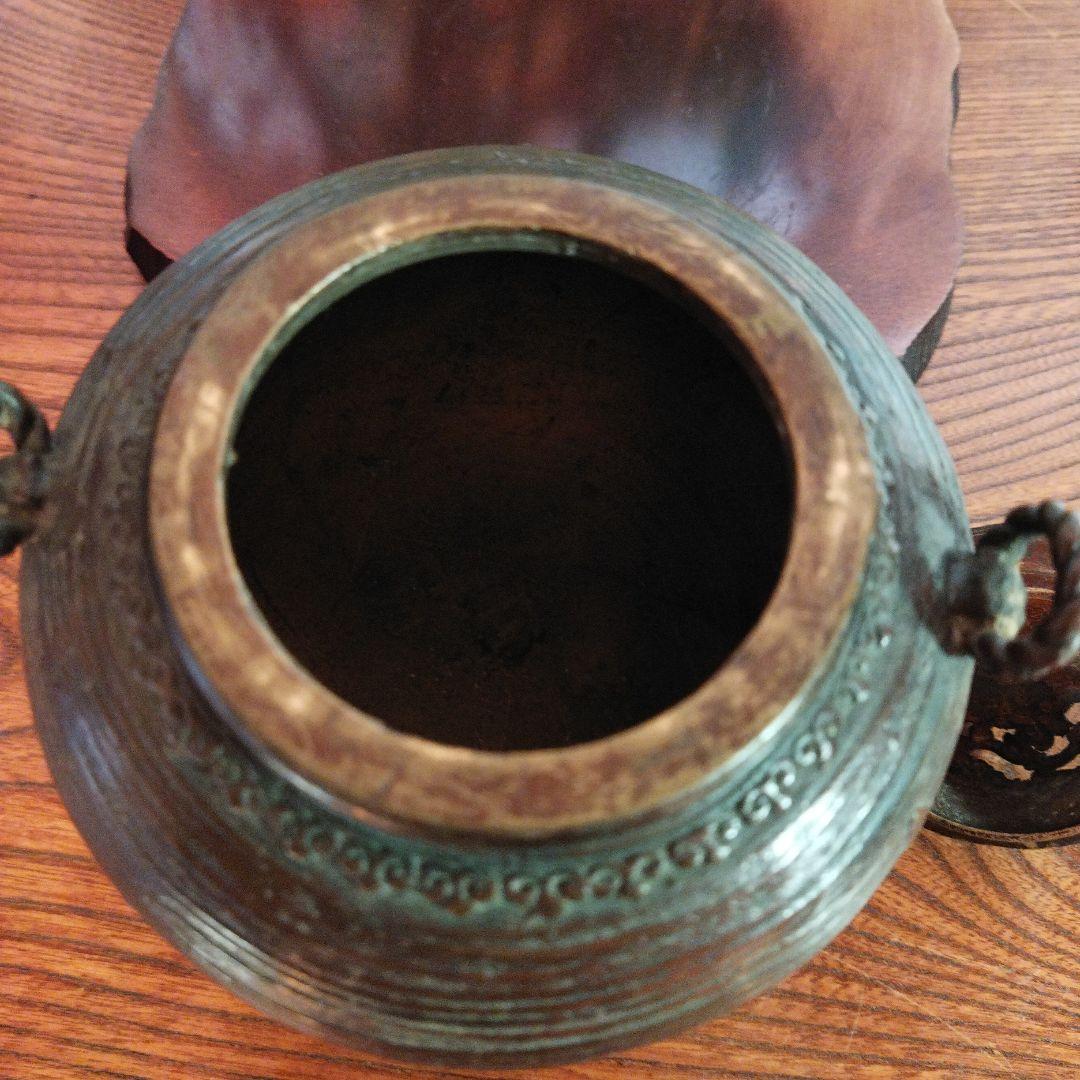 骨董　銅製香炉　三脚　木製香炉台 付き