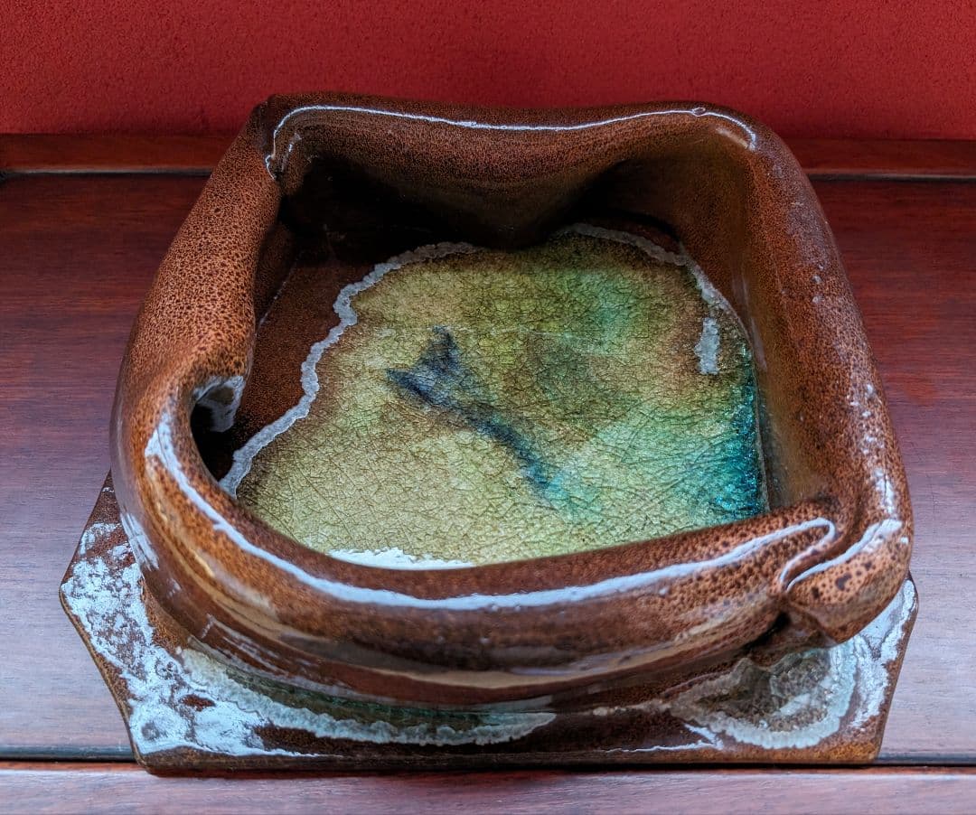 【高光一生】 陶芸 灰皿 オブジェ 花生 茶 緑青 神の子池