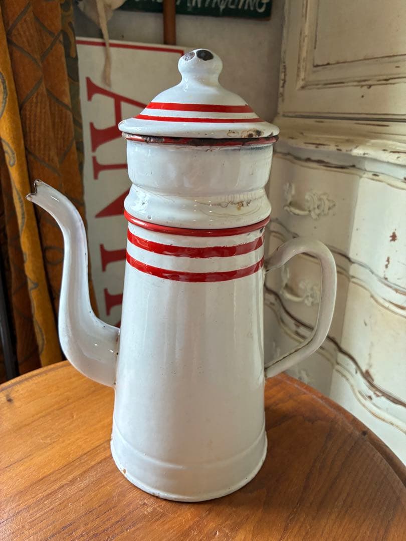 フランス　アンティーク　ホーロー　ポット　赤白　ダブルビギン　二段式　100年