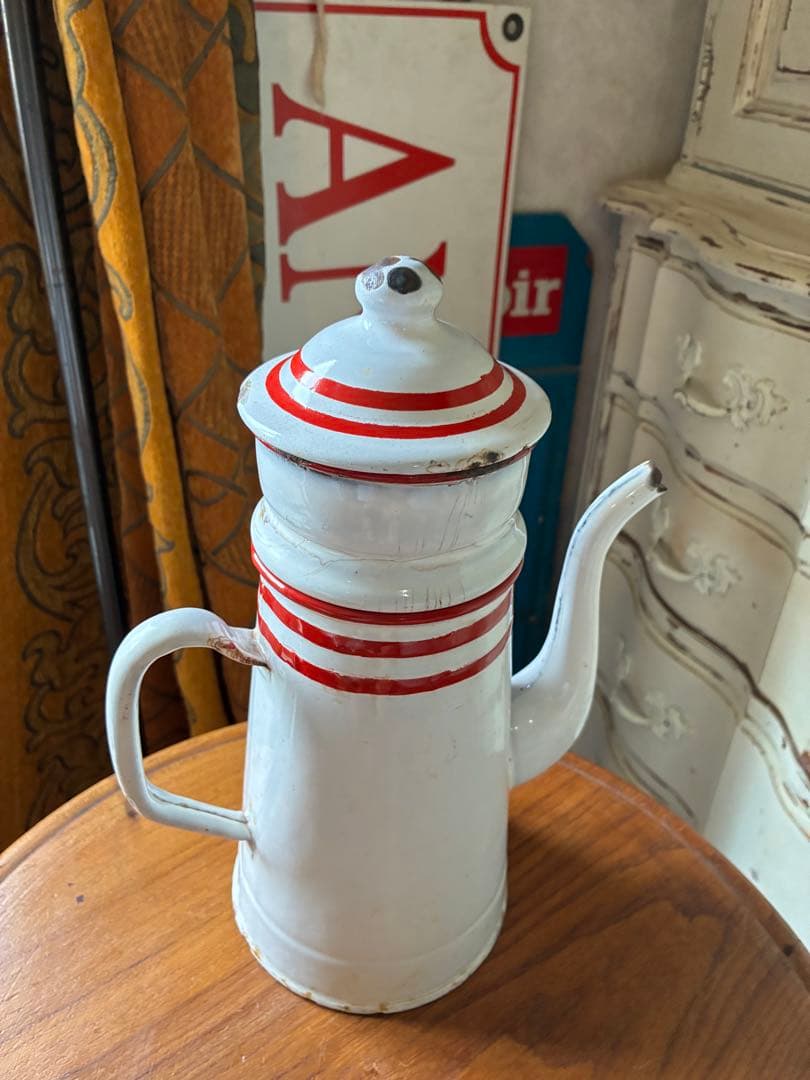 フランス　アンティーク　ホーロー　ポット　赤白　ダブルビギン　二段式　100年