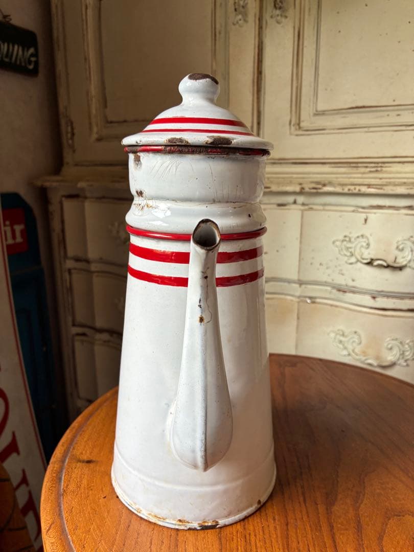 フランス　アンティーク　ホーロー　ポット　赤白　ダブルビギン　二段式　100年