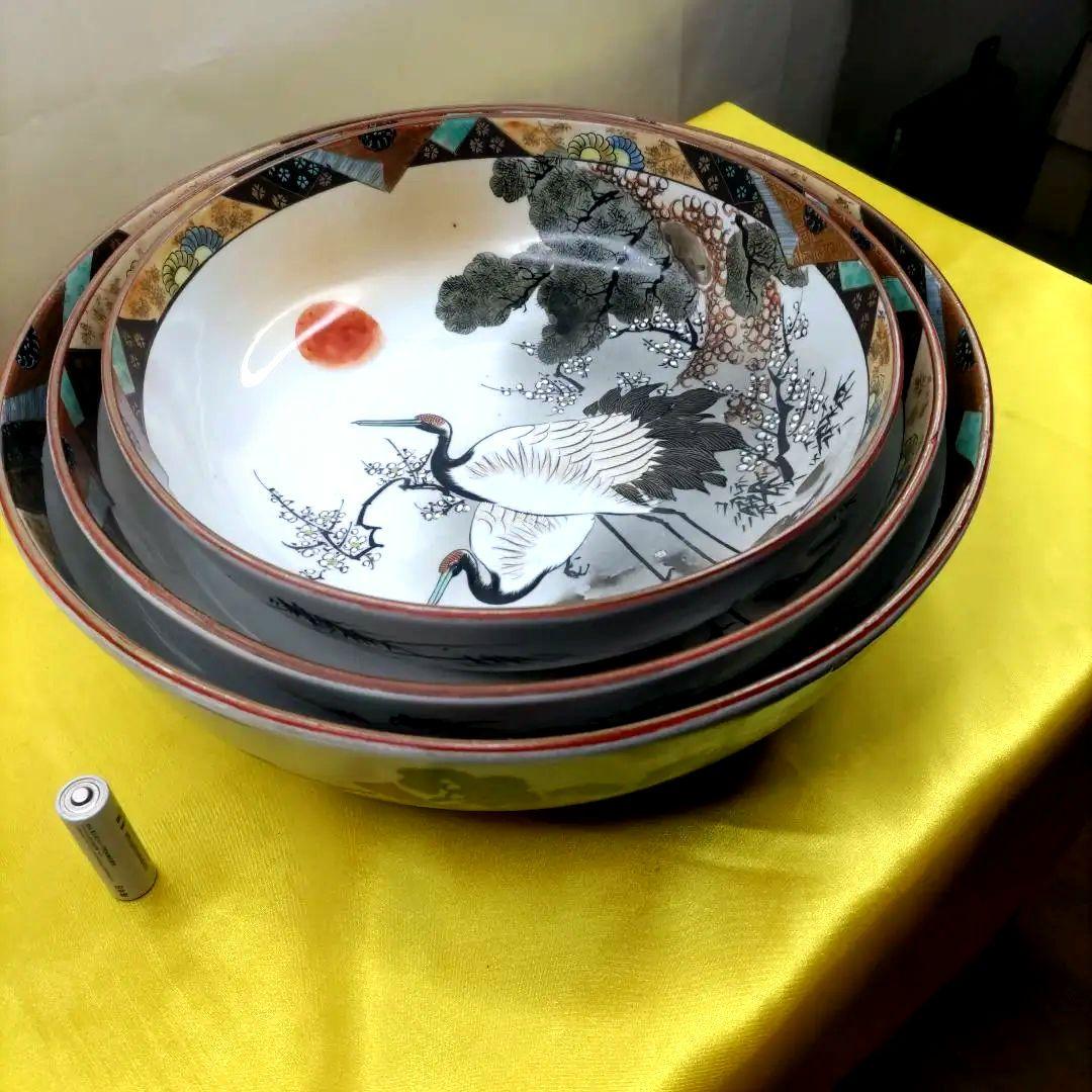 九谷焼　古九谷　金彩　色絵　三ツ鉢　小鉢　中鉢　大鉢　8寸9寸1尺鉢　3客セット