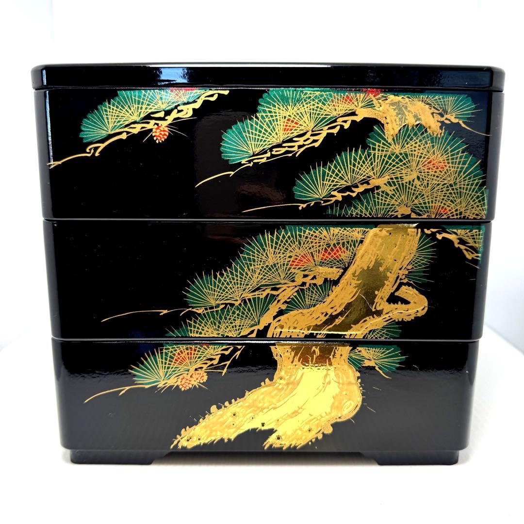 会津塗 三段重 松峯作 天然木 黒内朱 沈金 蒔絵 重箱 漆器 伝統工芸