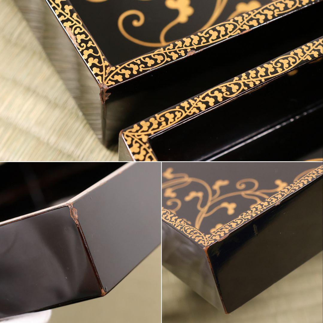 漆芸 木製漆器 唐草蒔絵 黒塗 長方盆 大小一組 2枚 脇取 広盆【MA719】