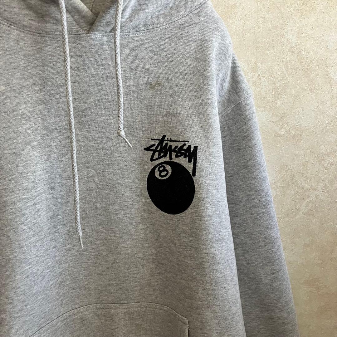 古着 ステューシー 両面ロゴ 8ボール パーカー グレー XL 裏地フリース