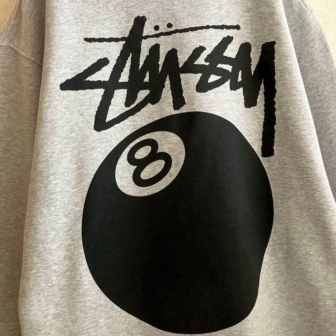 古着 ステューシー 両面ロゴ 8ボール パーカー グレー XL 裏地フリース
