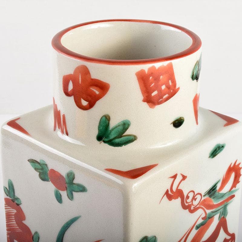 京焼　三浦竹軒造　赤絵　雲龍鳳凰文　四方瓶　共箱　M　R4967B