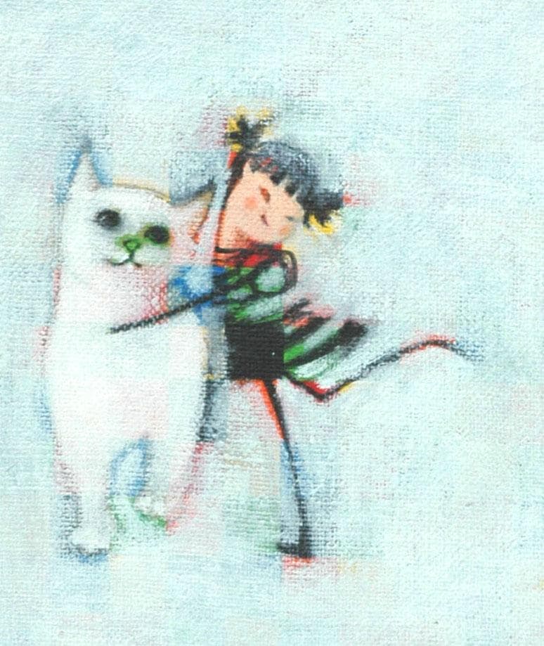 油絵 菅家令子 絵 絵画インテリア額付(青緑＋金色の枠)F3-091918猫女子