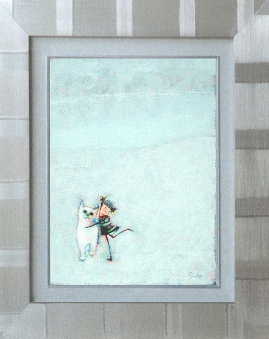 油絵 菅家令子 絵 絵画インテリア額付(青緑＋金色の枠)F3-091918猫女子