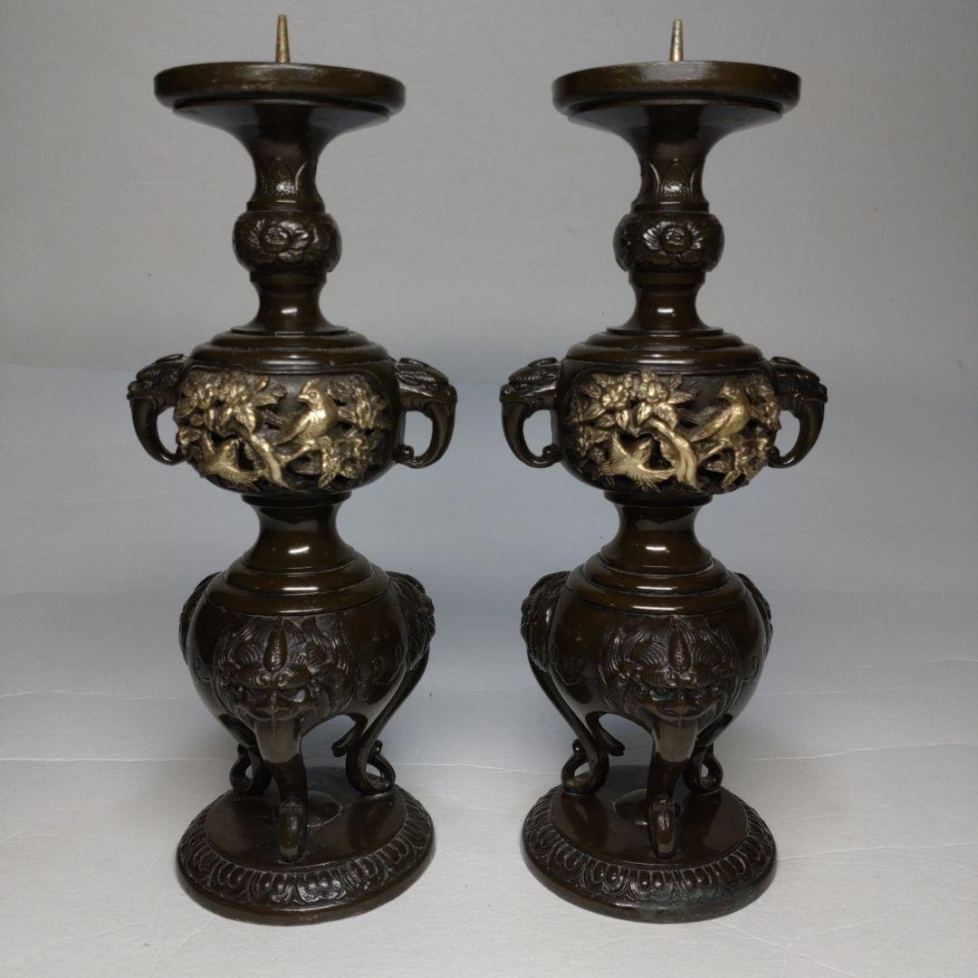 銅製 花鳥図 五具足 在銘／獅子香炉 燭台 花立 法具 仏教 仏壇 彫金 獣耳